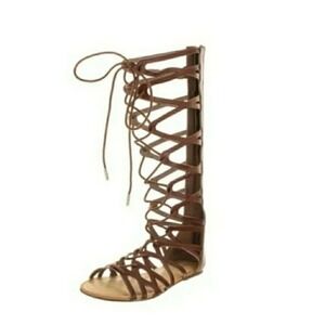 Madden Girl Kyro Gladiator Sandals 8.5 Brown Knee High Strappy Lace Up Flat